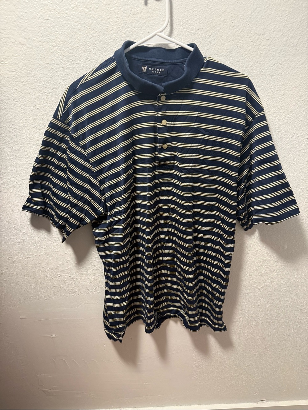 Vintage Oxford Golf Navy Blue And Cream Striped Short Sleeve Polo. Men’s Large.